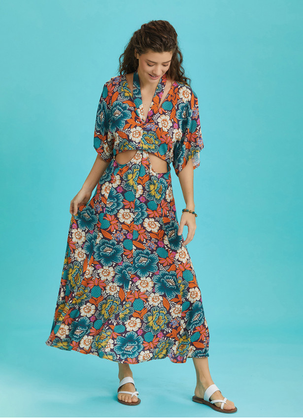 Boho Chic Style Floral Printed Cut Out Dress