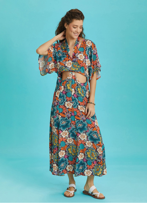 Boho Chic Style Floral Printed Cut Out Dress