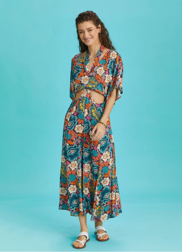 Boho Chic Style Floral Printed Cut Out Dress