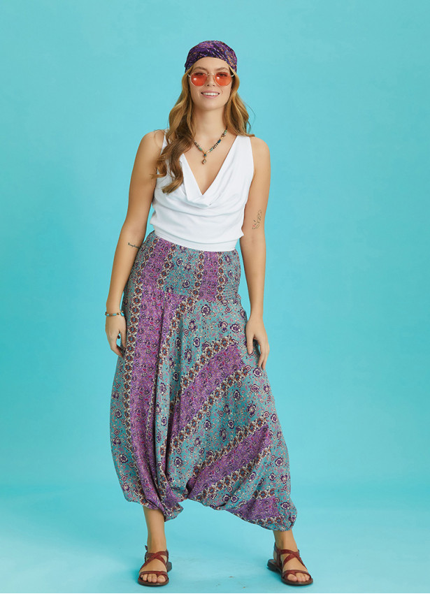 Floral Print Wide Shirred Waist Boho Style Harem Pants