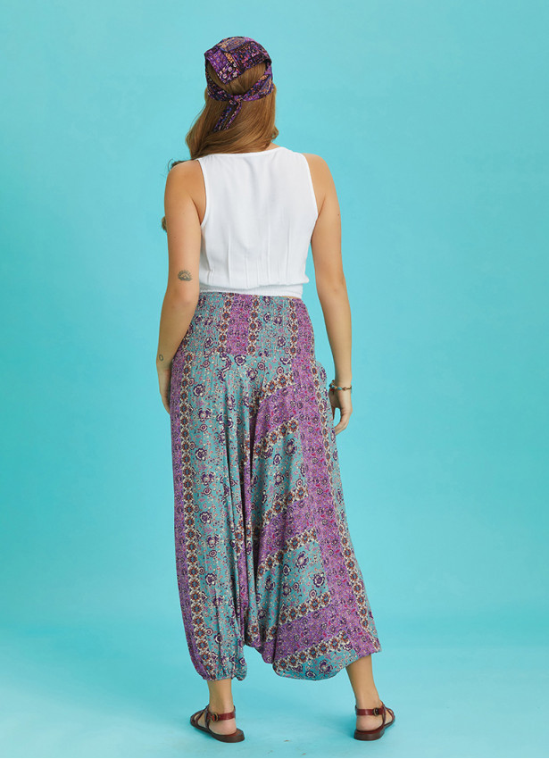 Floral Print Wide Shirred Waist Boho Style Harem Pants