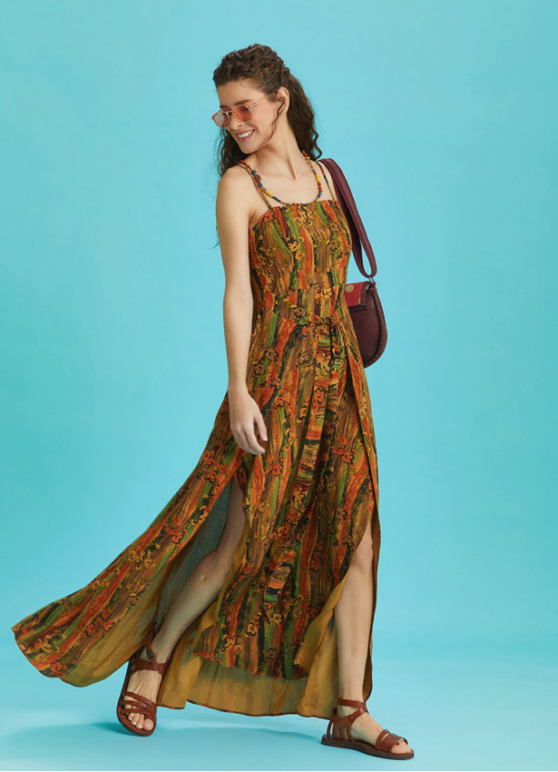 Strappy Waist Mustard Patterned Dress