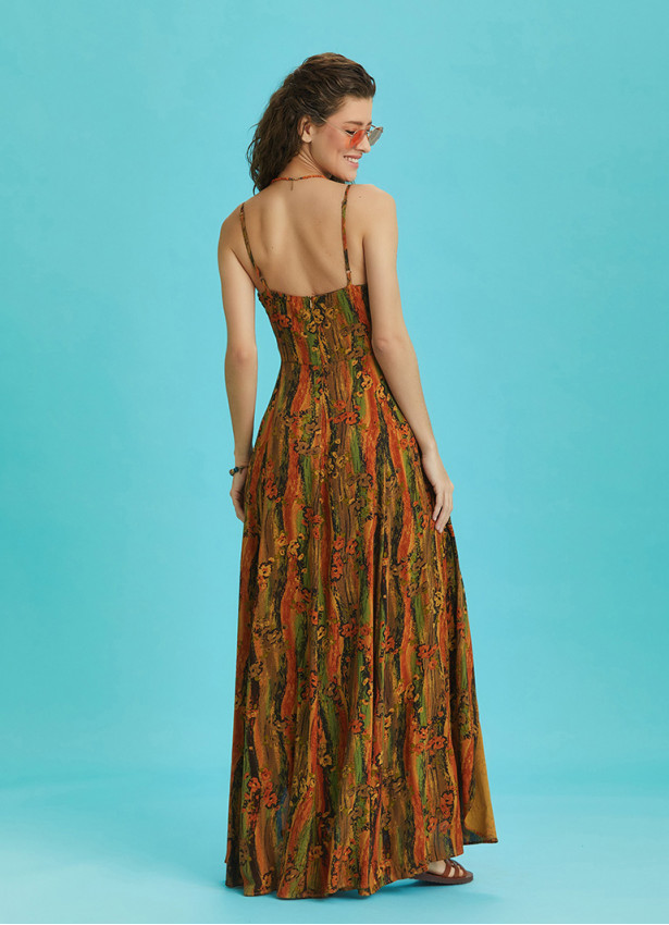 Strappy Waist Mustard Patterned Dress