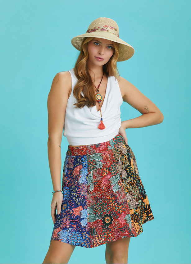 Boho Chic Red Floral Print Patchwork Mini Skirt