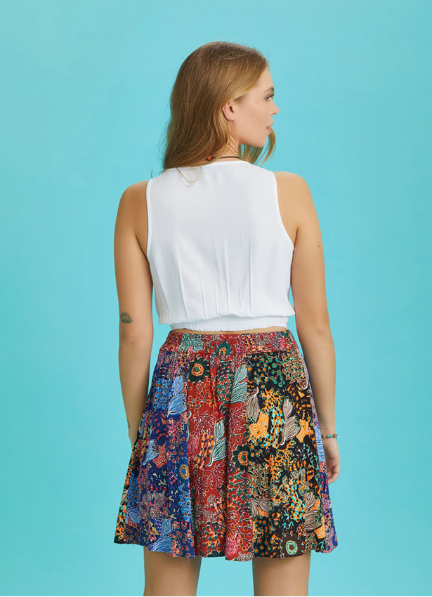 Boho Chic Red Floral Print Patchwork Mini Skirt