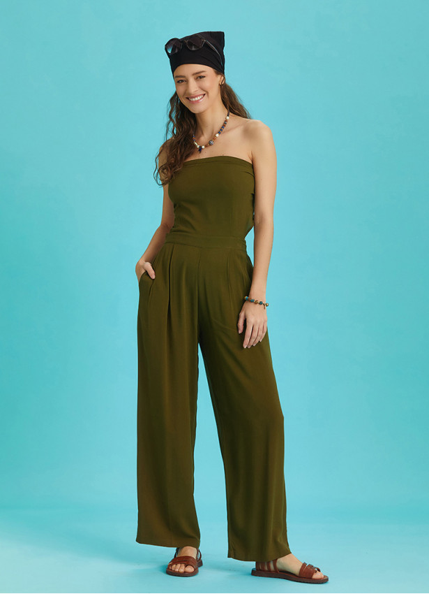 Khaki Wide Leg Strapless Overall
