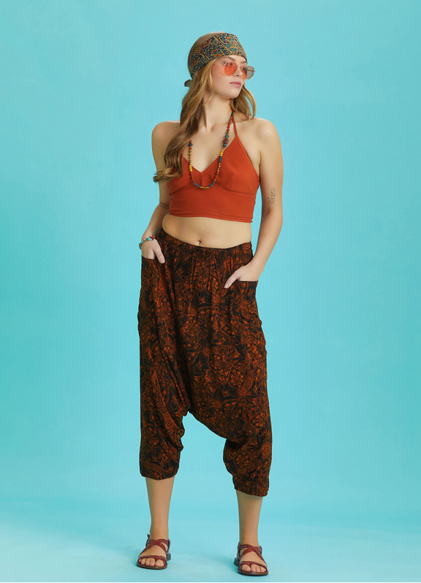 Orange Patterned Elastic Waist Capri Harem Pants