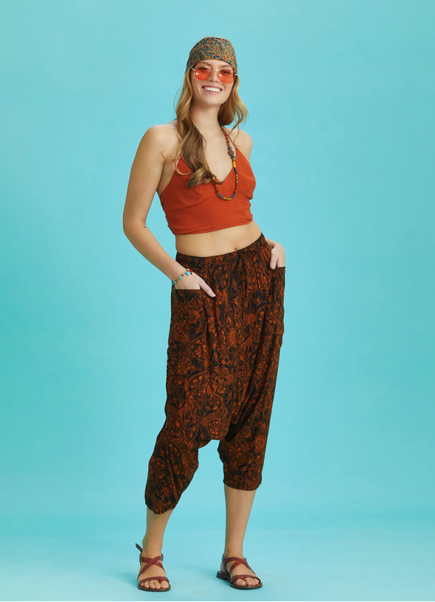 Orange Patterned Elastic Waist Capri Harem Pants