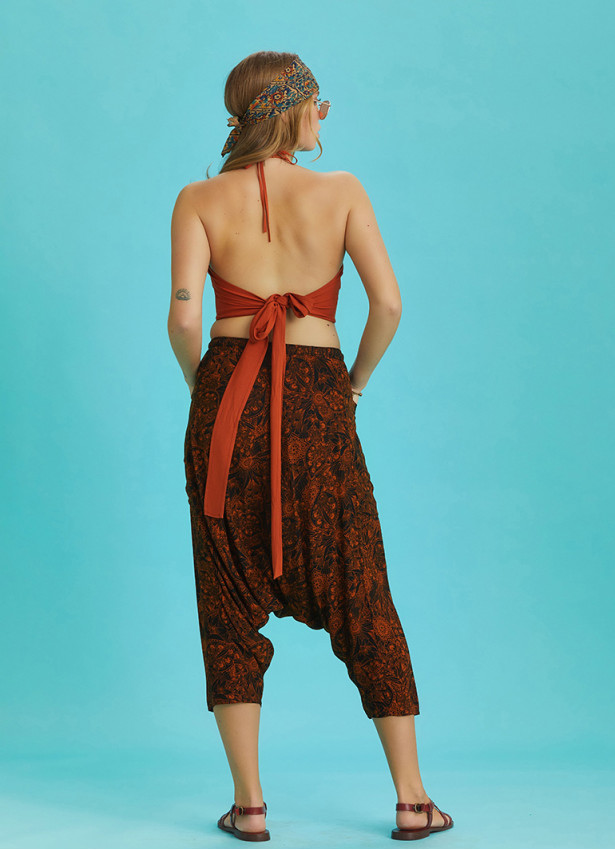 Orange Patterned Elastic Waist Capri Harem Pants