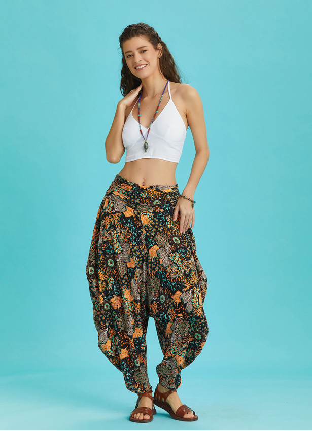 Draped Elastic Waist Floral Print Hippie Pants