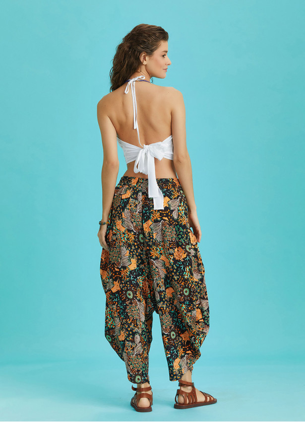 Draped Elastic Waist Floral Print Hippie Pants