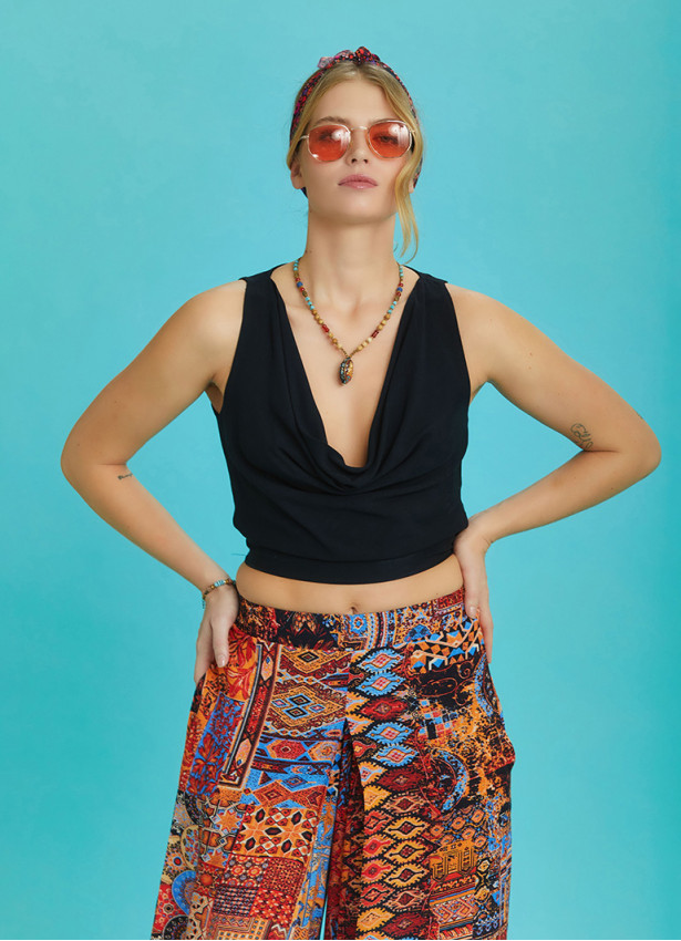 Elastic Hem Sleeveless Black Cowl Neck Crop Top