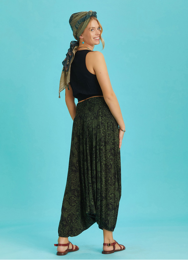 Draped Front Detail Elastic Waist Green Patterned Salwar Pants