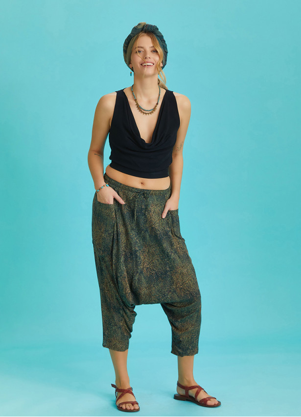 Khaki Patterned Elastic Waist Capri Harem Pants