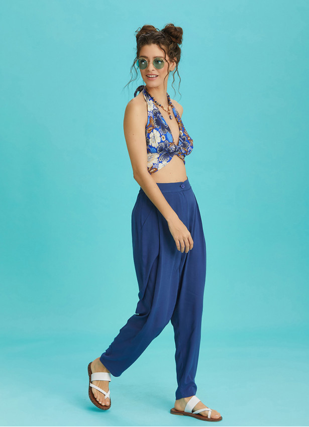 Drop Crotch Blue Pleated Summer Pants