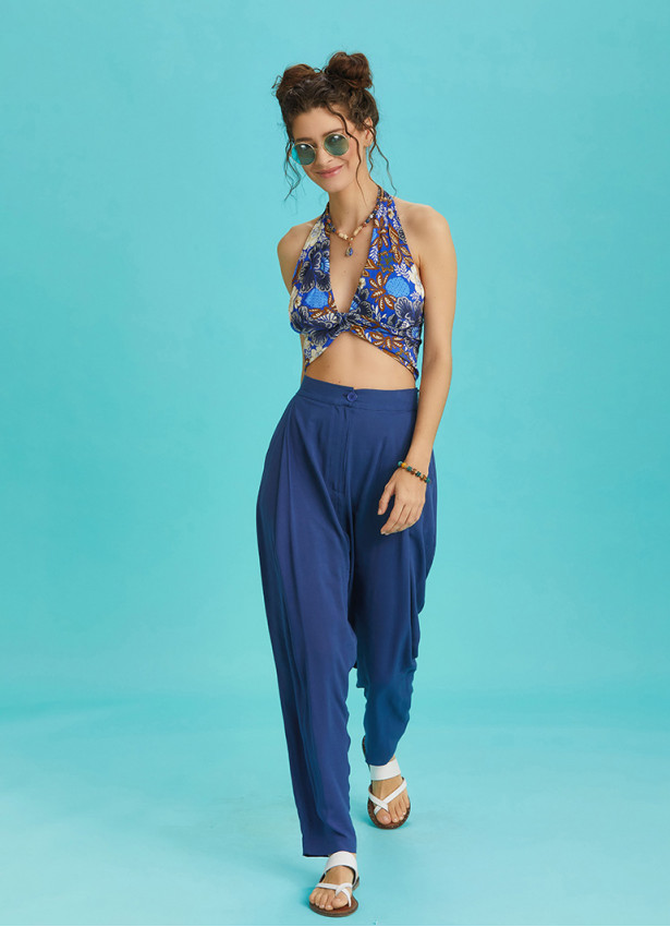 Drop Crotch Blue Pleated Summer Pants