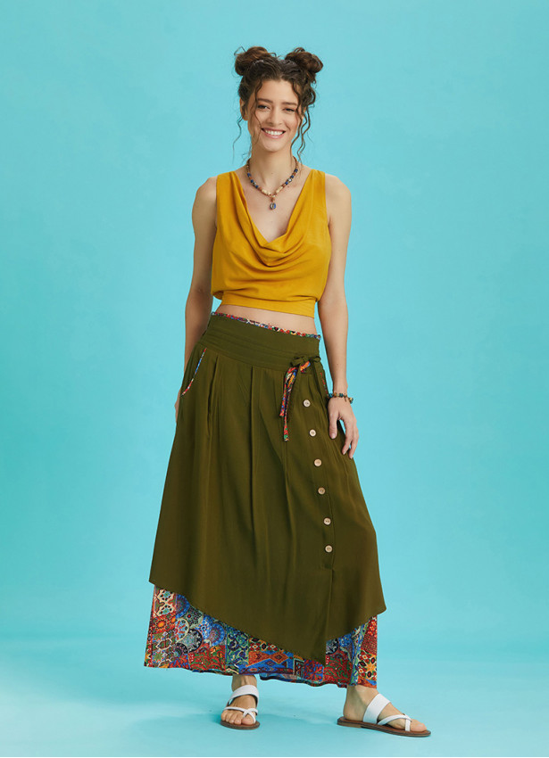 Double Layered Button Down Khaki Long Skirt