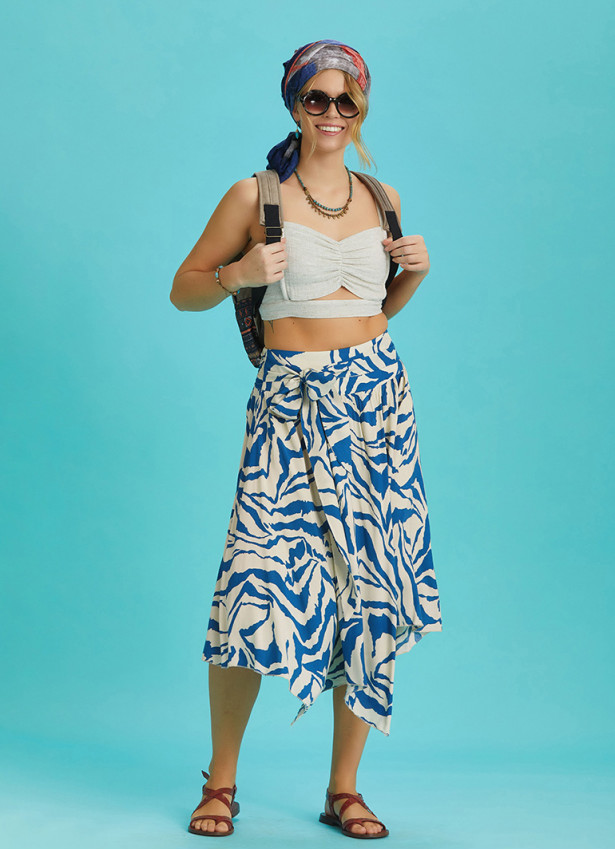 Blue Patterned Tie Waist Loose Midi Flared Skirt