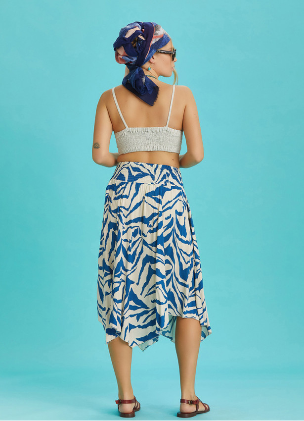 Blue Patterned Tie Waist Loose Midi Flared Skirt