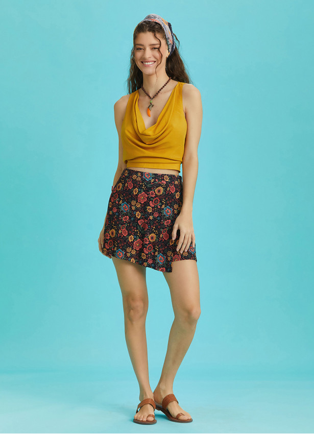 Boho Chic Wrap Front Black Floral Skort