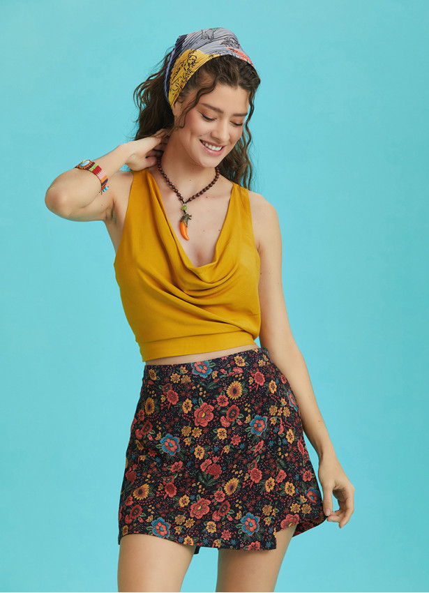 Boho Chic Wrap Front Black Floral Skort