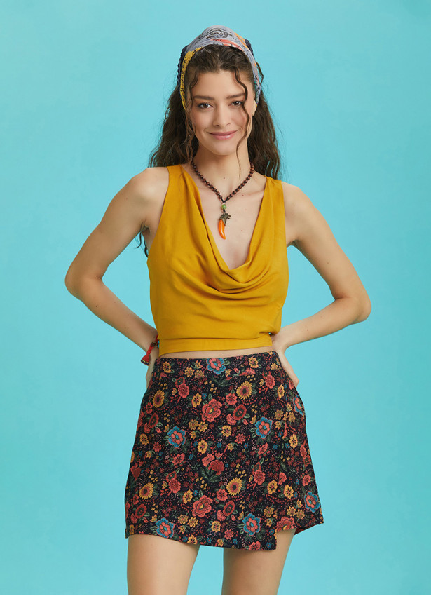 Boho Chic Wrap Front Black Floral Skort