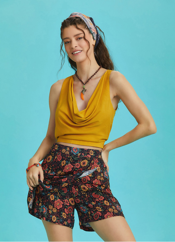 Boho Chic Wrap Front Black Floral Skort