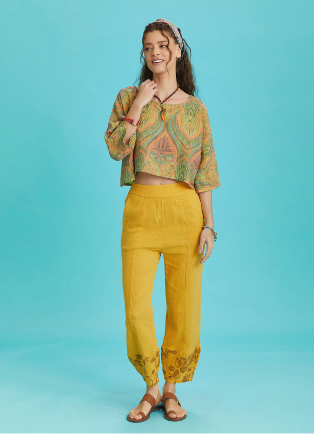 Rose Print Garnished Hem Detail Mustard Muslin Pants