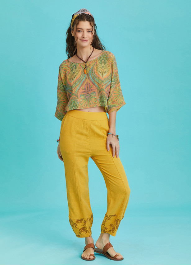 Rose Print Garnished Hem Detail Mustard Muslin Pants