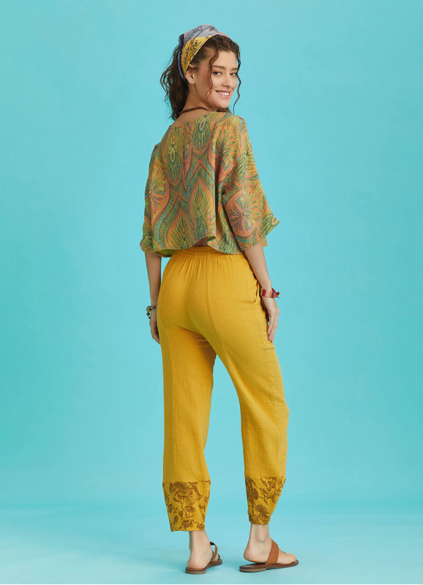 Rose Print Garnished Hem Detail Mustard Muslin Pants