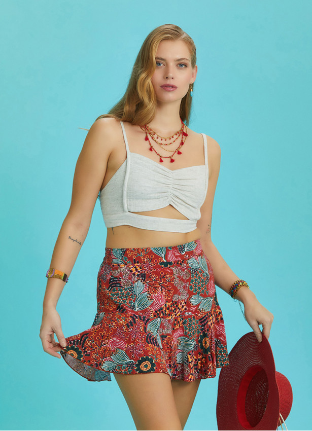 Boho Chic Style Red Print Ruffled Mini Skort