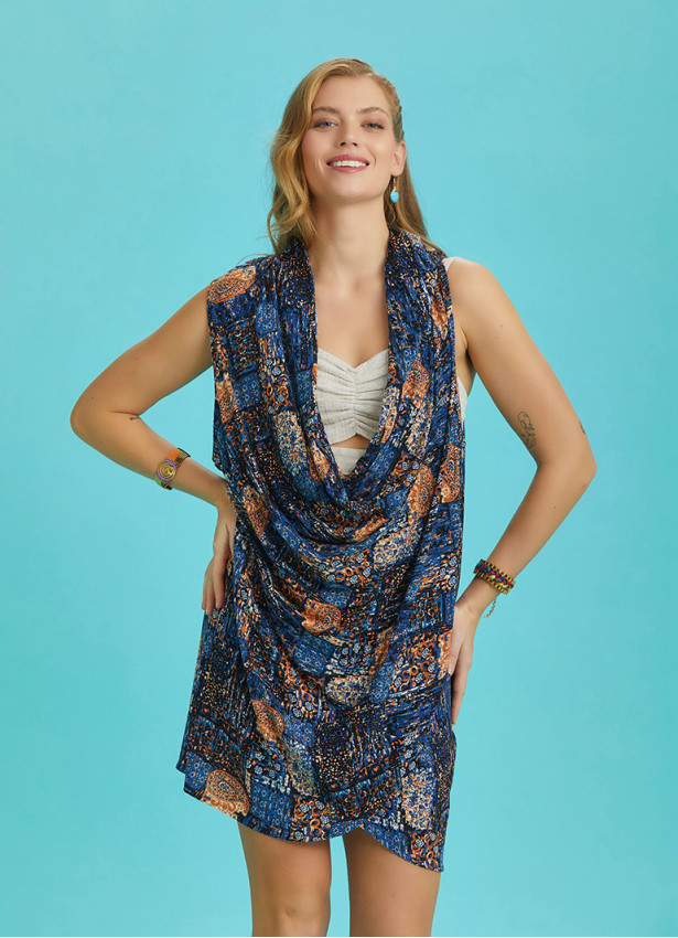 Loose Fit Wrap Front Cowl Neck Blue Tunic Dress