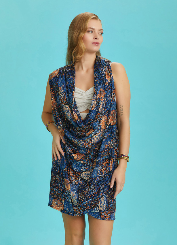 Loose Fit Wrap Front Cowl Neck Blue Tunic Dress