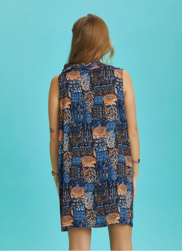 Loose Fit Wrap Front Cowl Neck Blue Tunic Dress