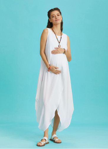 Sleeveless Front Layered White Baggy Maternity Dress