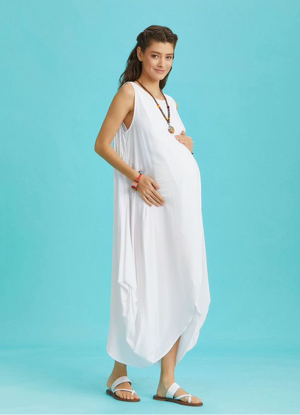 Sleeveless Front Layered White Baggy Maternity Dress
