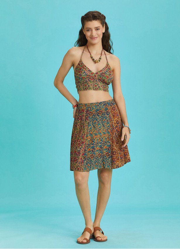 Gathered Tie Back Bust Cup Halter Print Crop Top