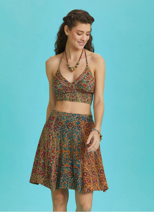 Gathered Tie Back Bust Cup Halter Print Crop Top