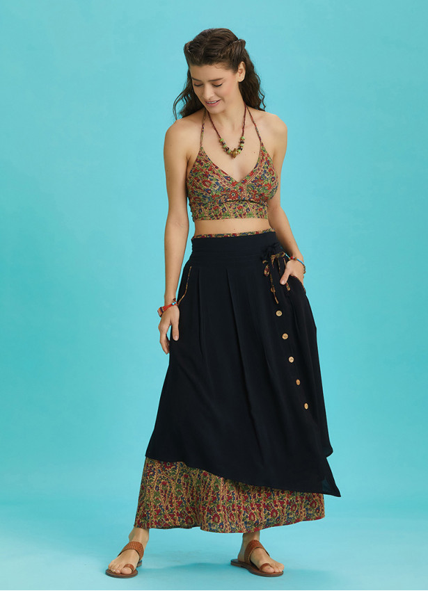 Double Layered Button Down Black Long Skirt