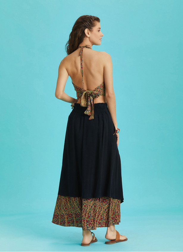 Double Layered Button Down Black Long Skirt