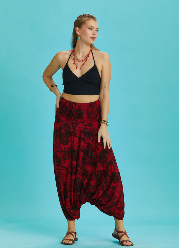 Red Print Wide Shirred Waist Boho Style Harem Pants