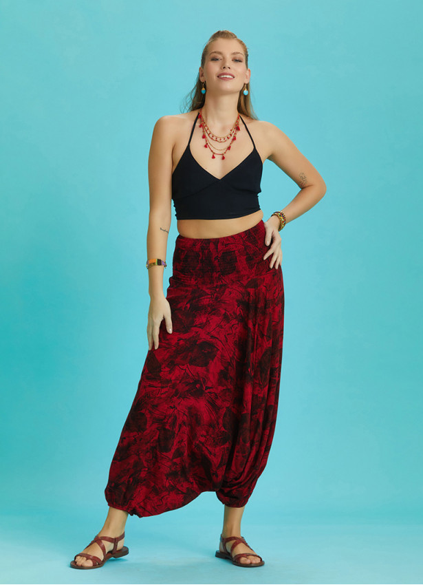 Red Print Wide Shirred Waist Boho Style Harem Pants