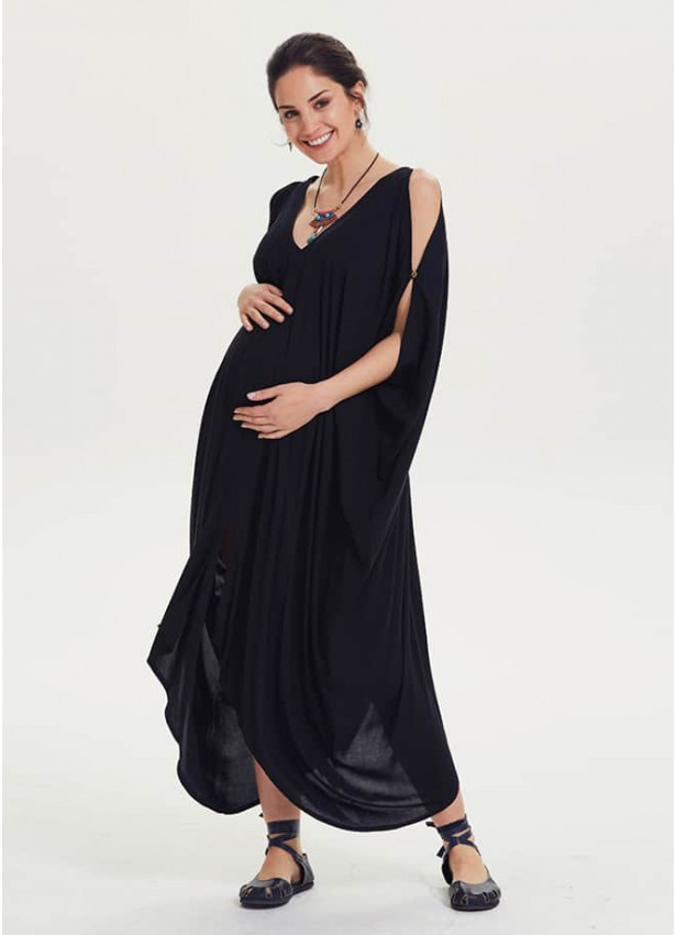 Cold Shoulder Asymmetrical Hem V Neck Black Boho Maternity Dress