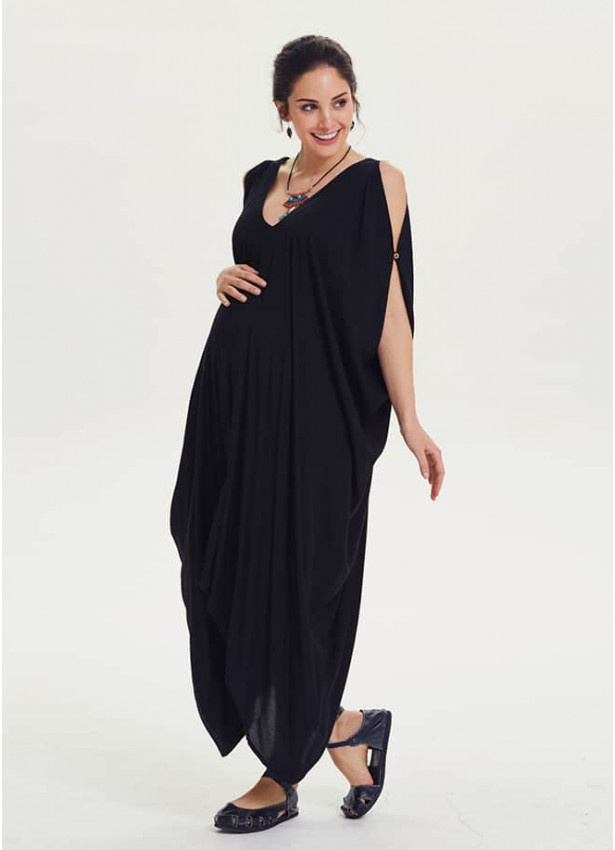 Cold Shoulder Asymmetrical Hem V Neck Black Boho Maternity Dress