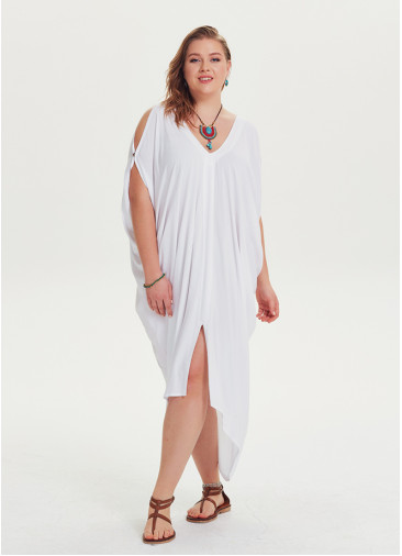 Asymmetrical Hem White Wholesale Plus Size Cold Shoulder Dress