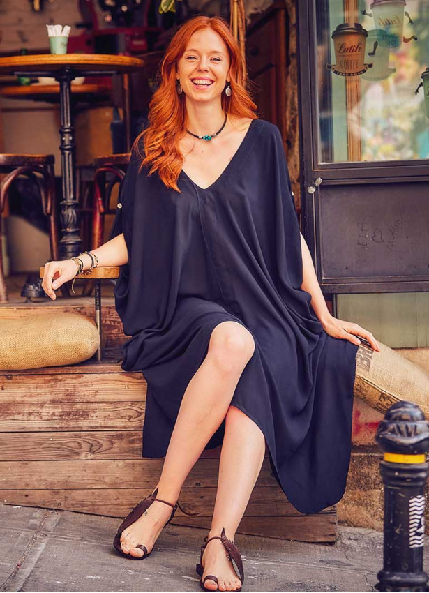 Deep V Neck Line Loose Fit Wholesale Black Cold Shoulder Dress