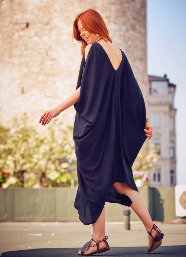 Deep V Neck Line Loose Fit Wholesale Black Cold Shoulder Dress