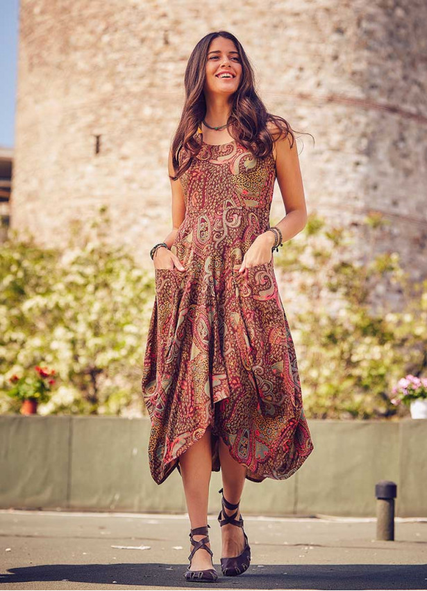 Paisley Print Sleeveless V Neckline Brown Dress