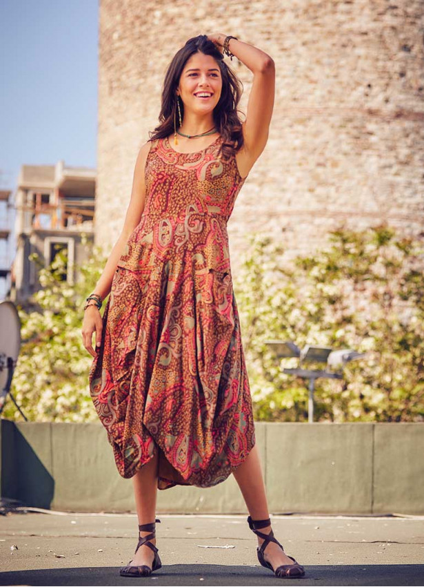 Paisley Print Sleeveless V Neckline Brown Dress