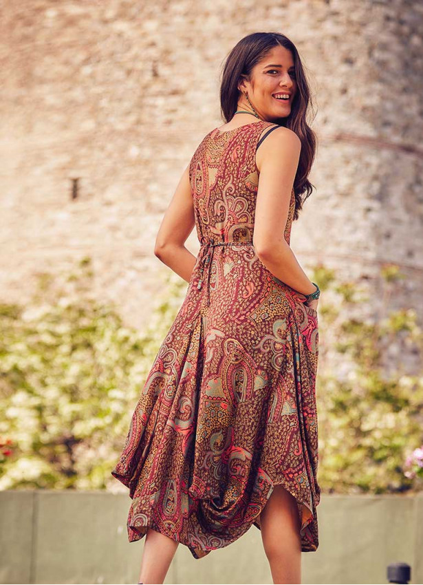 Paisley Print Sleeveless V Neckline Brown Dress